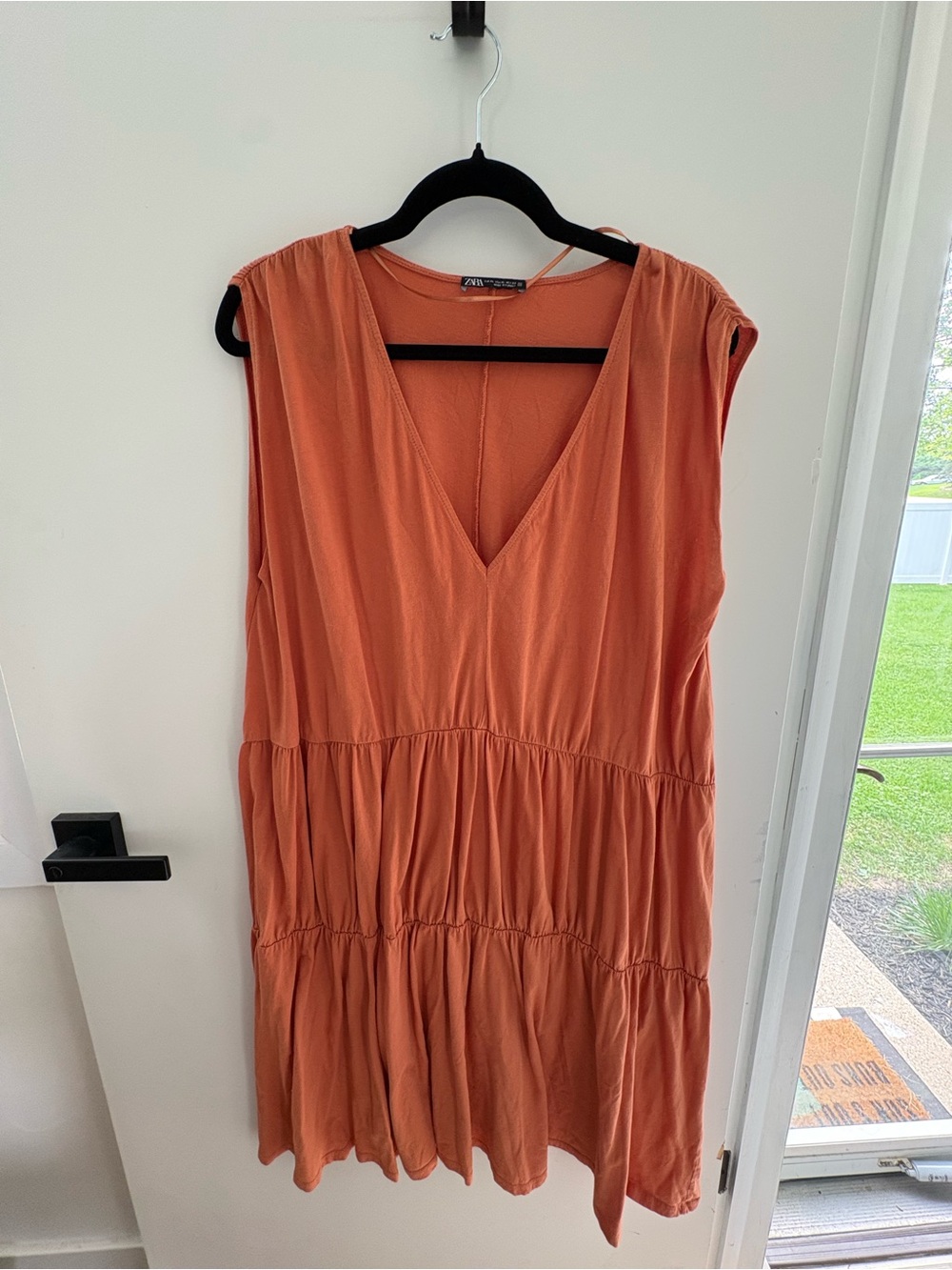 ZARA XL Rust Orange Sleeveless Tiered Midi Dress Boho A-Line V-Neck, XL
